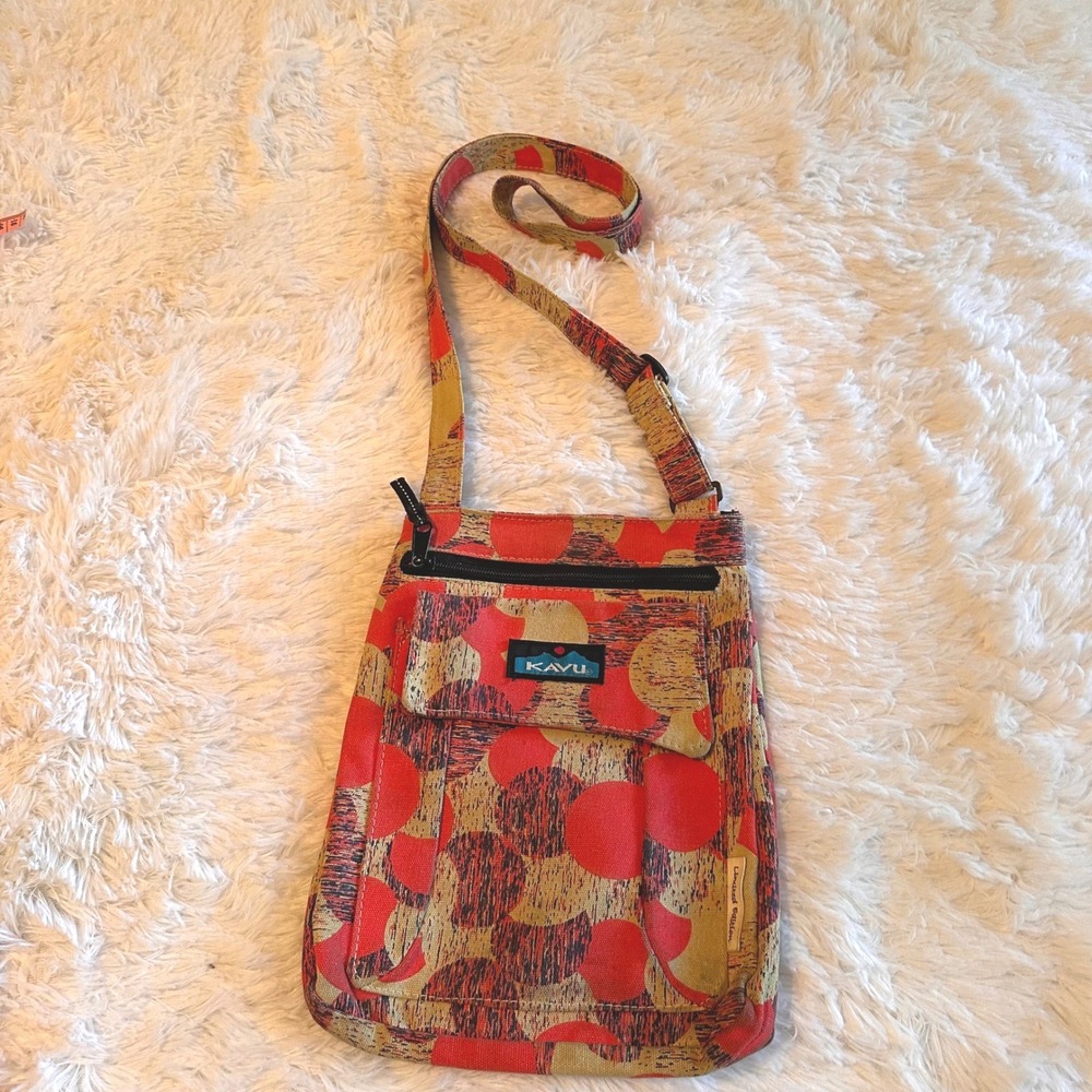 KAVU Keeper Crossbody Bag Limited Edition Red Tan Geometric Canvas Messenger